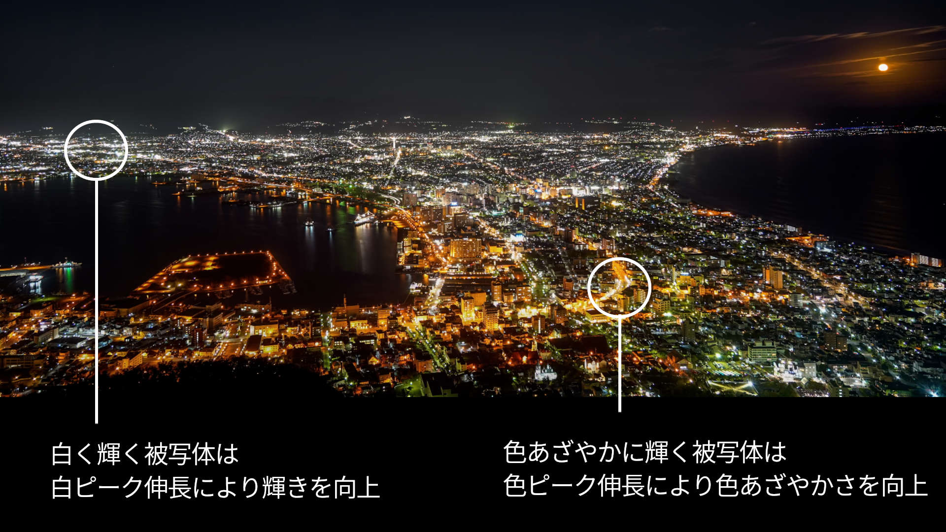 白く輝く被写体は 白ピーク伸長により 輝きを向上。色あざやかに輝く被写体は 色ピーク伸長により 色あざやかさを向上。レグザ